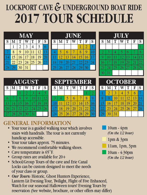 Tour Calendar Lockport Cave & Underground Boat Ride